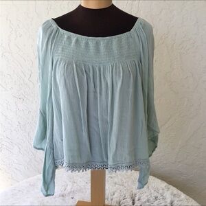 Raga blouse Womans medium bell sleeve crinkle material light green lace …